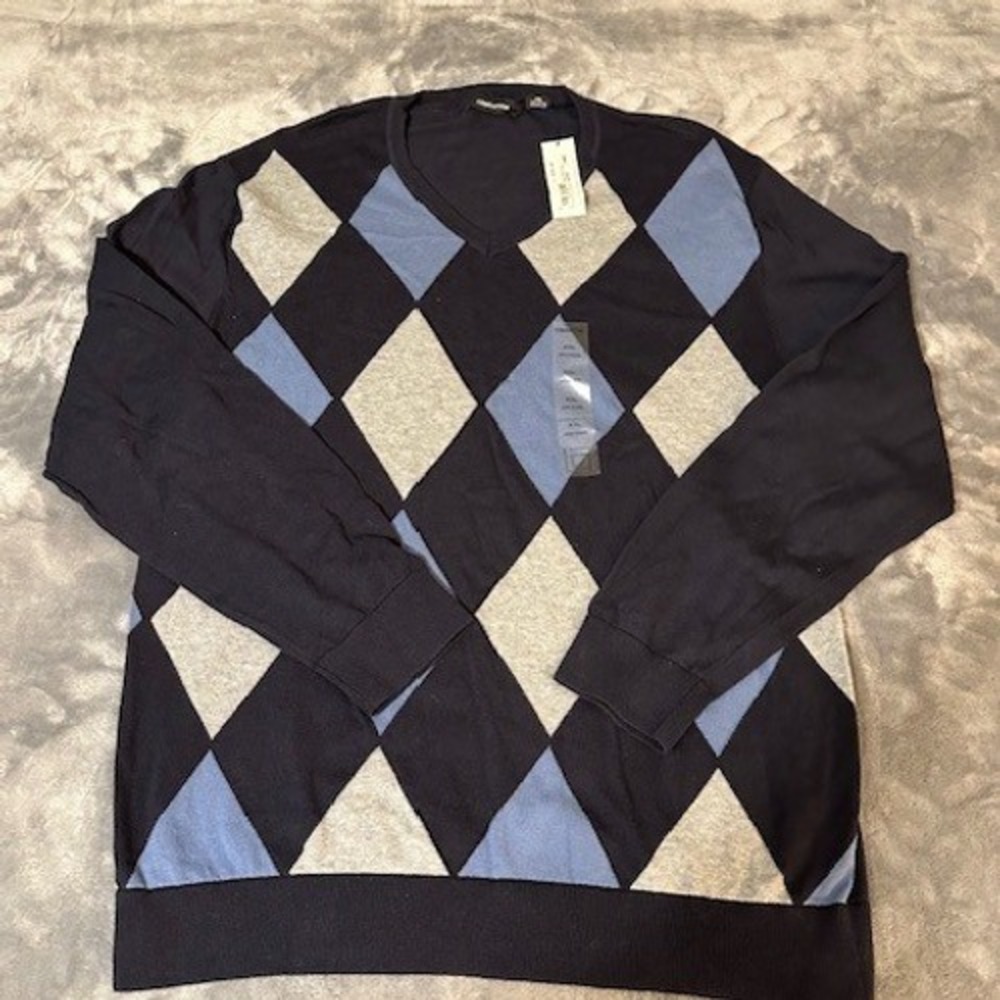Claiborne Argyle V Neck Sweater Long Sleeve Mens 2XL Navy Light Blue Gray NWT
